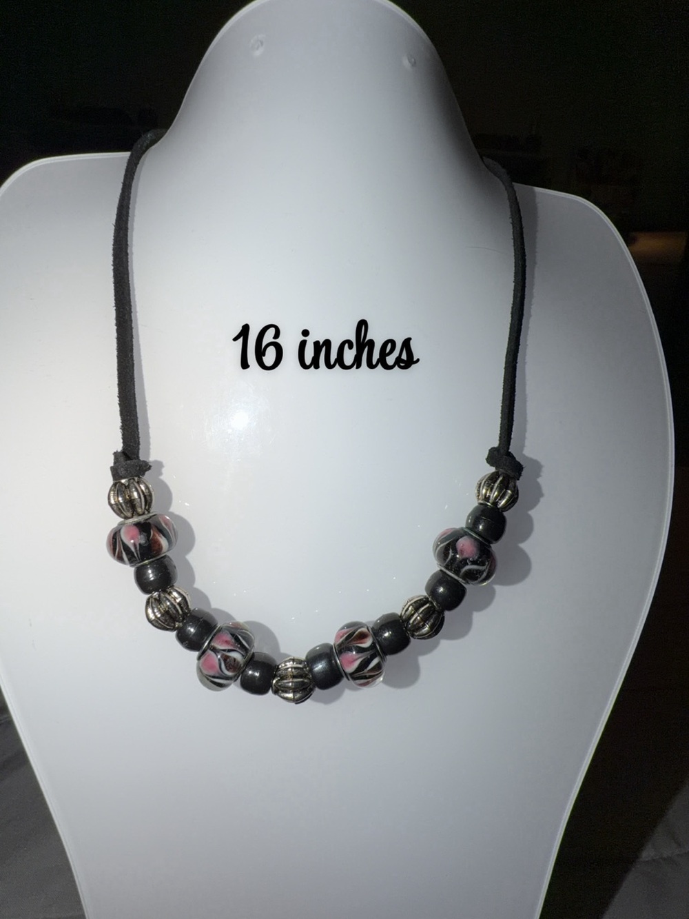 Black Cord Necklace with Pink Accent Beads - 16 Inches